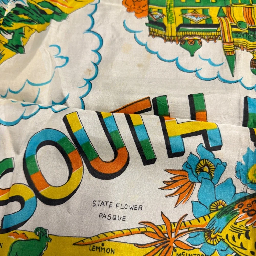 Vintage South Dakota Souvenir Scarf Women Large Green Silk Blend Map Scalloped